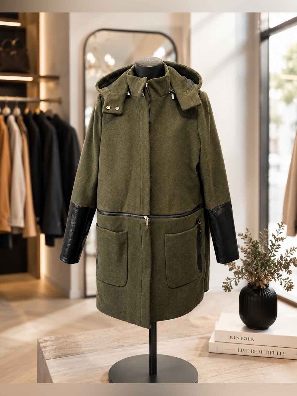 ZAC Zac Posen Convertible Hooded Coat Green Wool Blend Zip Transform Jacket 3/1